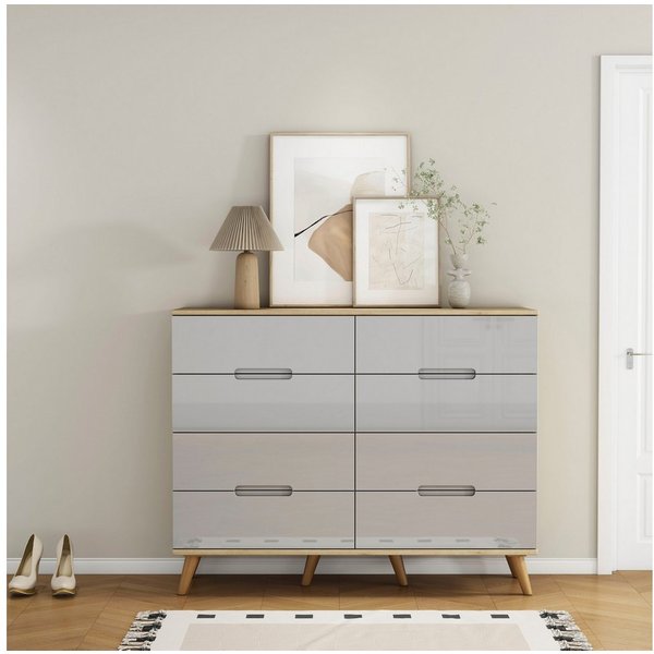 OTTO home Kommode Lund, mit glänzenden Fronten, Griffmulden, helles Holzdekor, Breite 120 cm