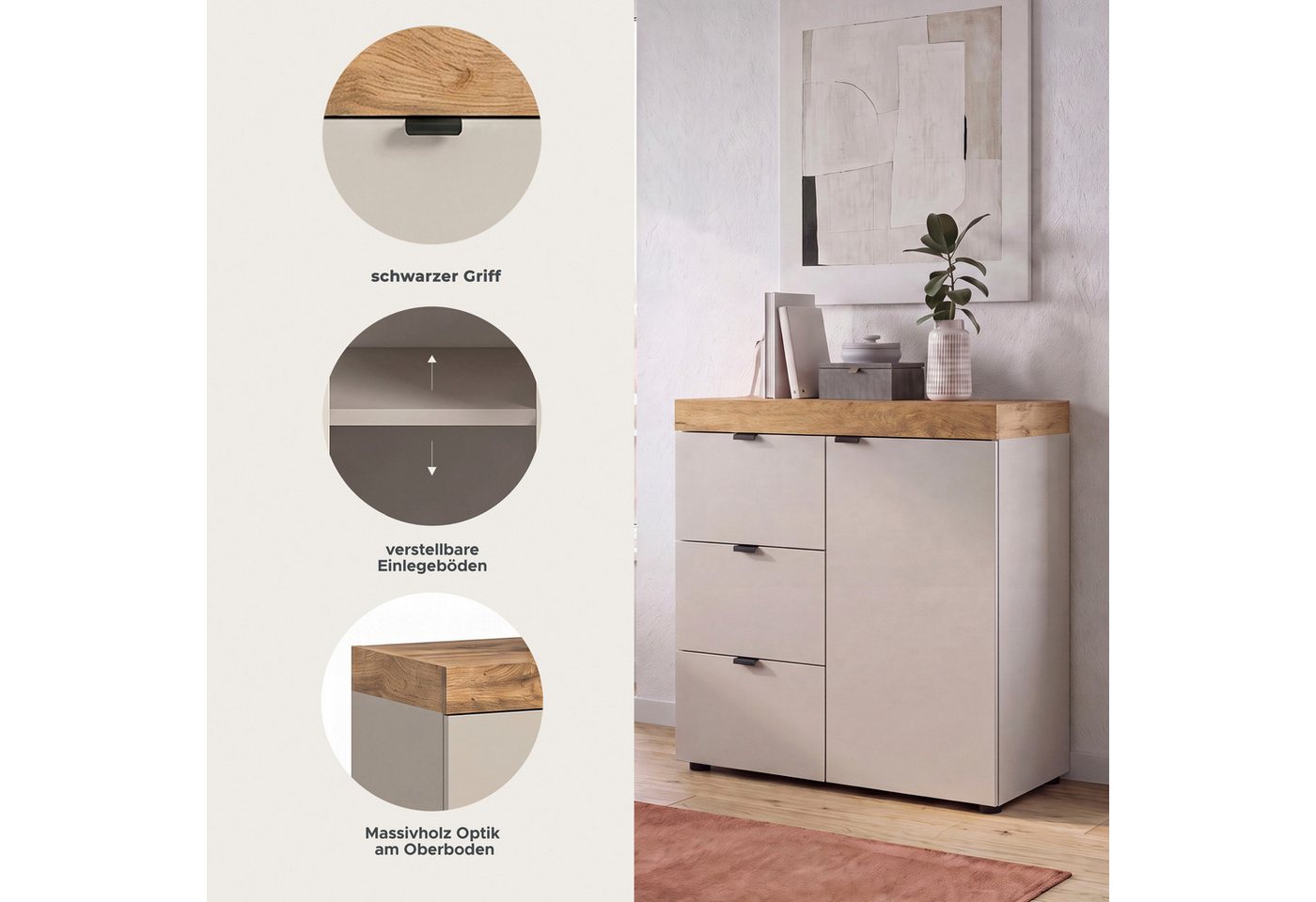 OTTO home Kommode MAMBO II, Breite 77 cm, 1 Tür, 1 Einlegeboden, 3 Schubkästen (1 St., 2-farbige Ausführung, in verschiedenen modernen Trendfarben erhältlich),  – Bild 3 von 5