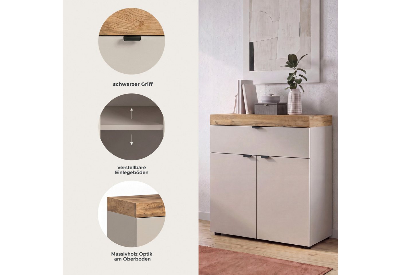 OTTO home Kommode MAMBO II, Breite 77cm, 2 Türen, 1 Einlegeboden, 1 Schubkasten (1 St., 2-farbige Ausführung, in verschiedenen modernen Trendfarben erhältlich), – Bild 3 von 5
