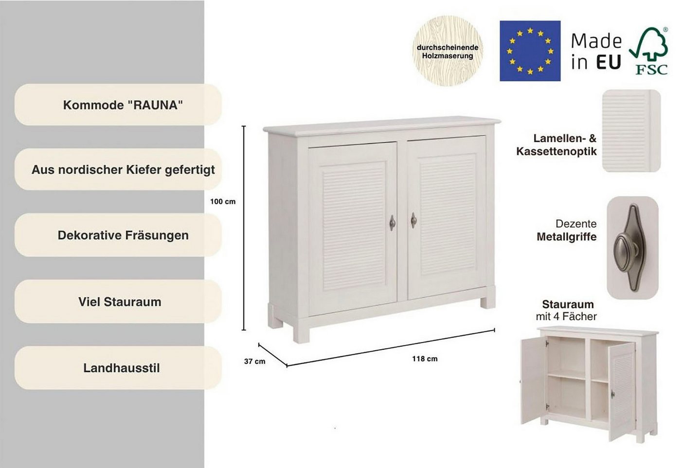OTTO home Kommode Rauna, Breite 118 cm, aus massiver Kiefer, FSC®-zertifiziert – Bild 3 von 5
