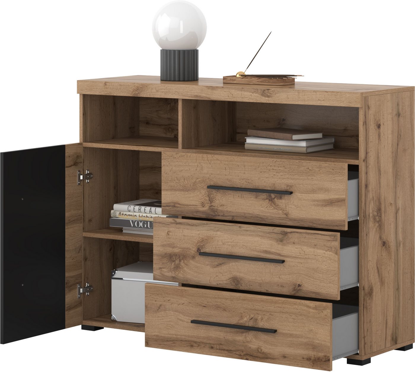 OTTO home Kommode Roger,Breite 120cm, moderne Anrichte mit 3 Schubladen, Sideboard mit viel Stauraum, Masse 120x92x38,5 (B/H/T) – Bild 5 von 5