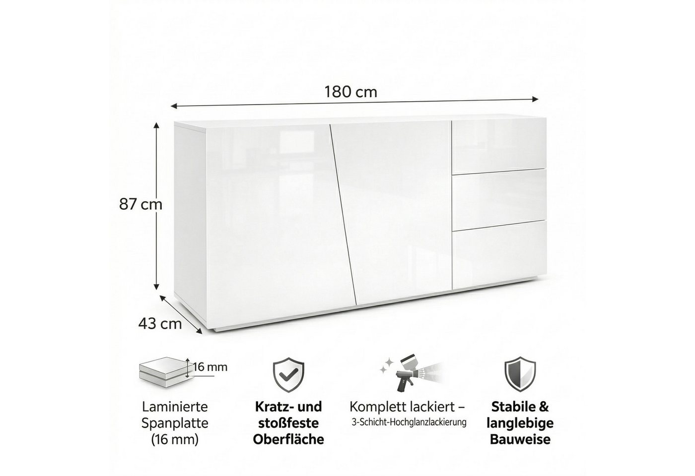 OTTO home Kommode San Remo, Kombikommode, Sideboard, mit viel Stauraum, Hochglanz, Moderne Kommode, UV-lackiert, grifflos, push-to-open-Funktion, B=180cm – Bild 3 von 5