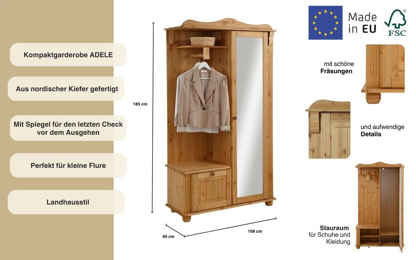 OTTO home Kompaktgarderobe Adele Breite 108 cm, mit Spiegeltür, aus massiver Kiefer, FSC® – Bild 3 von 5