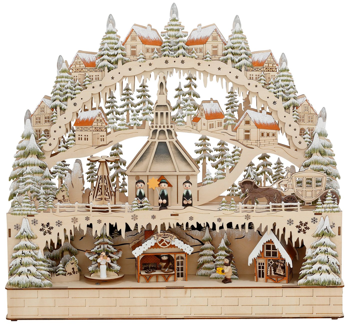 OTTO home LED Schwibbogen Deniz, Weihnachtsdeko mit Musikwerk, 49x47cm groß (1-tlg), aus Holz mit LED Beleuchtung und bewegender Pyramide, Dorf im Gebirge – Bild 3 von 5