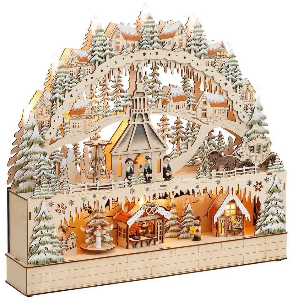 OTTO home LED Schwibbogen Deniz, Weihnachtsdeko mit Musikwerk, 49x47cm groß (1-tlg), aus Holz mit LED Beleuchtung und bewegender Pyramide, Dorf im Gebirge – Bild 4 von 5