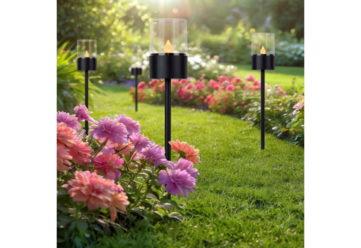 OTTO home LED Solarleuchte Liddia, Tageslichtsensor, LED fest integriert, Warmweiß, 4er Set Dekoerdspieß, Gartenfackel mit Flammeneffekt, Metall H: 37cm – Bild 2 von 5