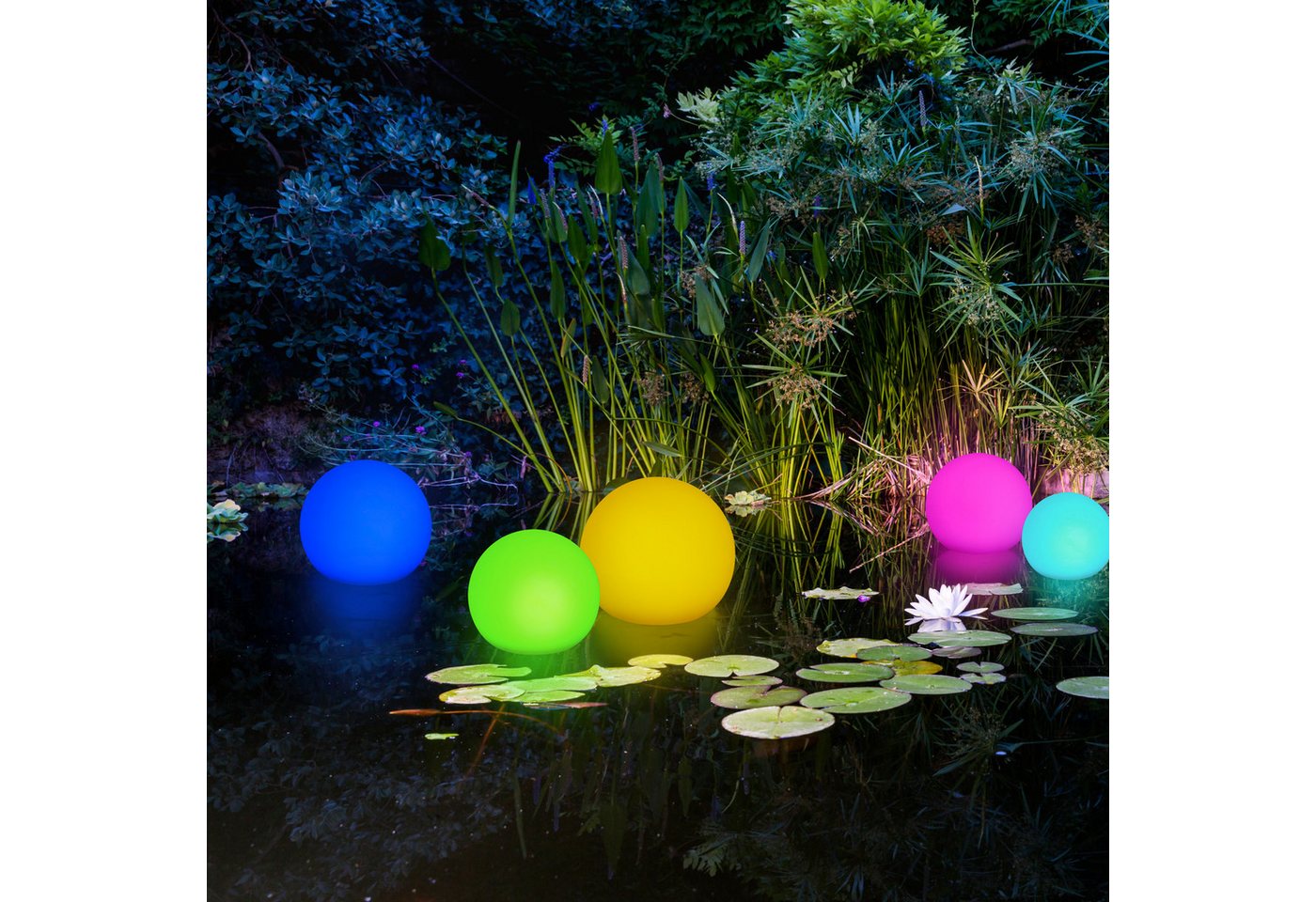OTTO home LED Solarleuchte Ollira, LED-Solar Kugelleuchten Ø 30 cm + Ø 40 cm, RGB, Tageslichtsensor, LED fest integriert, Warmweiß, RGB, mit Erdspießen – Bild 3 von 5