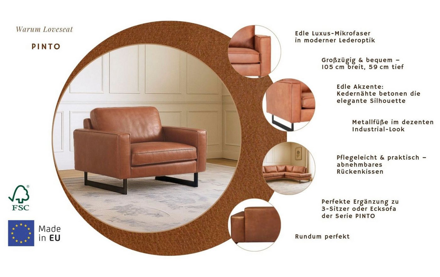 OTTO home Loveseat Pinto 105 cm, Cord, Chenille, Lederoptik, mit Keder, Metallfüßen und auch in Cord Bezug erhältlich – Bild 3 von 5