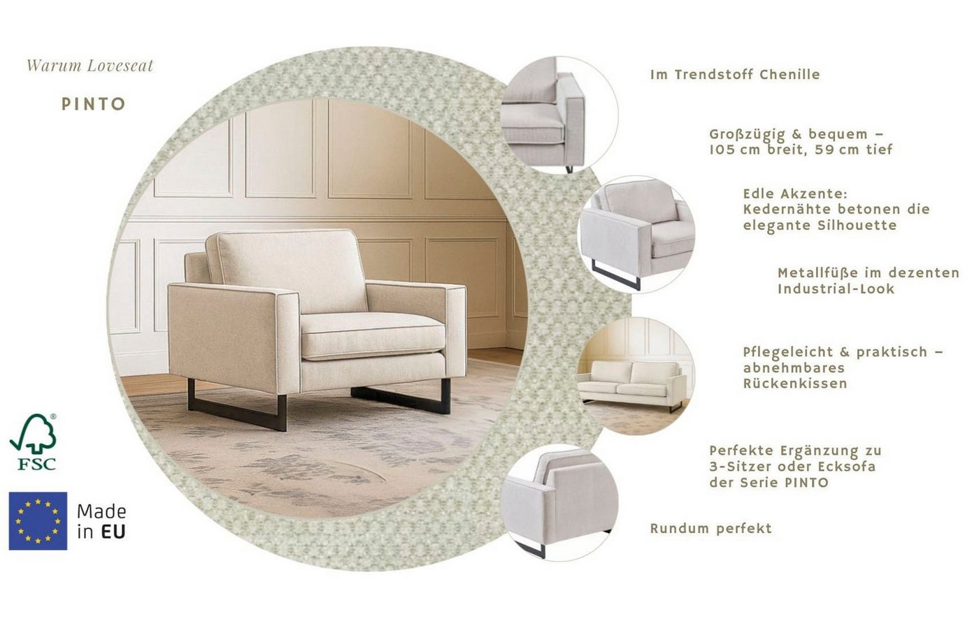 OTTO home Loveseat Pinto 105 cm, Cord, Chenille, Lederoptik, mit Keder, Metallfüßen und auch in Cord Bezug erhältlich – Bild 3 von 5
