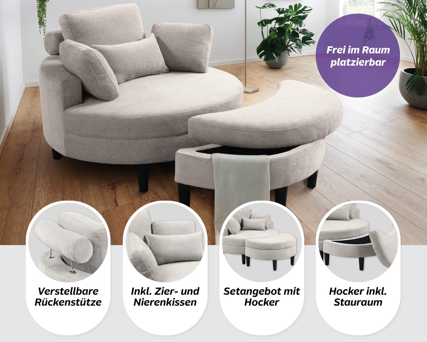 OTTO home Loveseat Ravi Sessel, B: 114 cm, Sitzhöhe: 42 cm, XXL- Sessel, mit Stauraumhocker, Rückenstütze & 4 Zierkissen – Bild 3 von 5