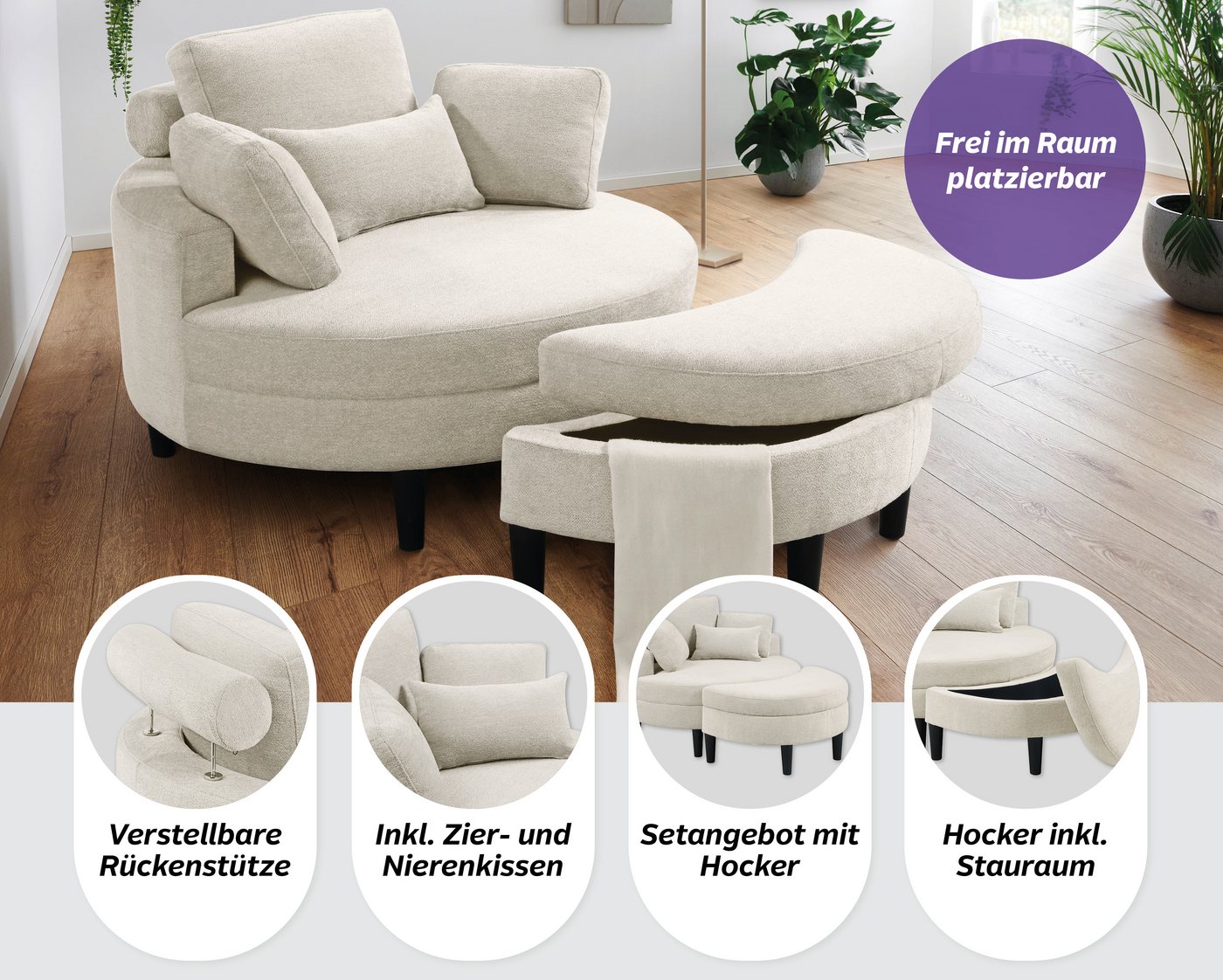 OTTO home Loveseat Ravi Sessel, B: 114 cm, Sitzhöhe: 42 cm, XXL- Sessel, mit Stauraumhocker, Rückenstütze & 4 Zierkissen – Bild 3 von 5