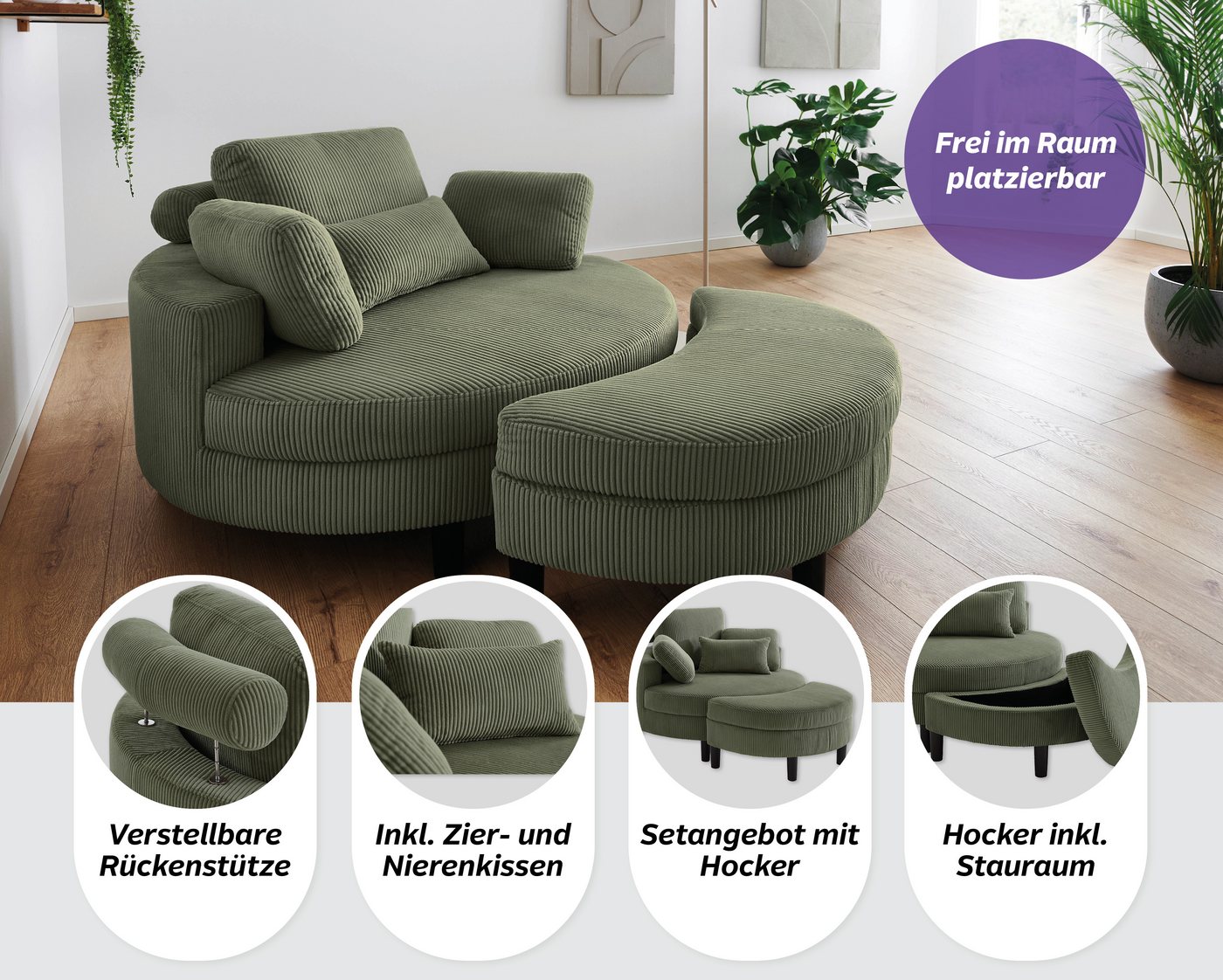 OTTO home Loveseat Ravi Sessel, B: 114 cm, Sitzhöhe: 42 cm, XXL- Sessel, mit Stauraumhocker, Rückenstütze & 4 Zierkissen – Bild 3 von 5