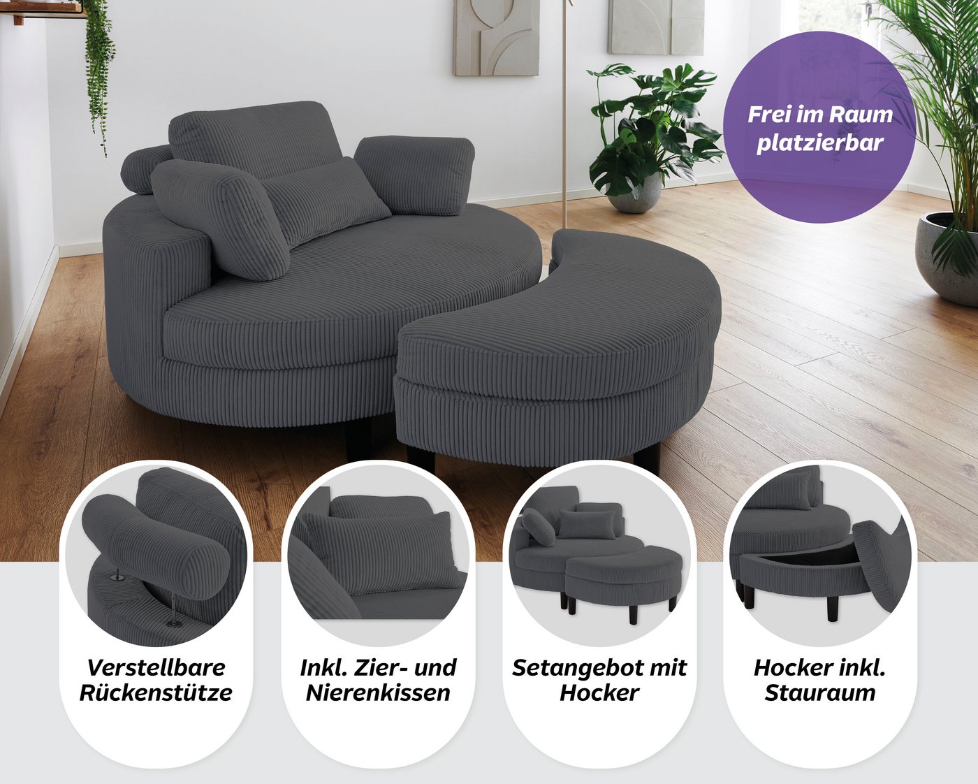 OTTO home Loveseat Ravi Sessel, B: 114 cm, Sitzhöhe: 42 cm, XXL- Sessel, mit Stauraumhocker, Rückenstütze & 4 Zierkissen – Bild 3 von 5