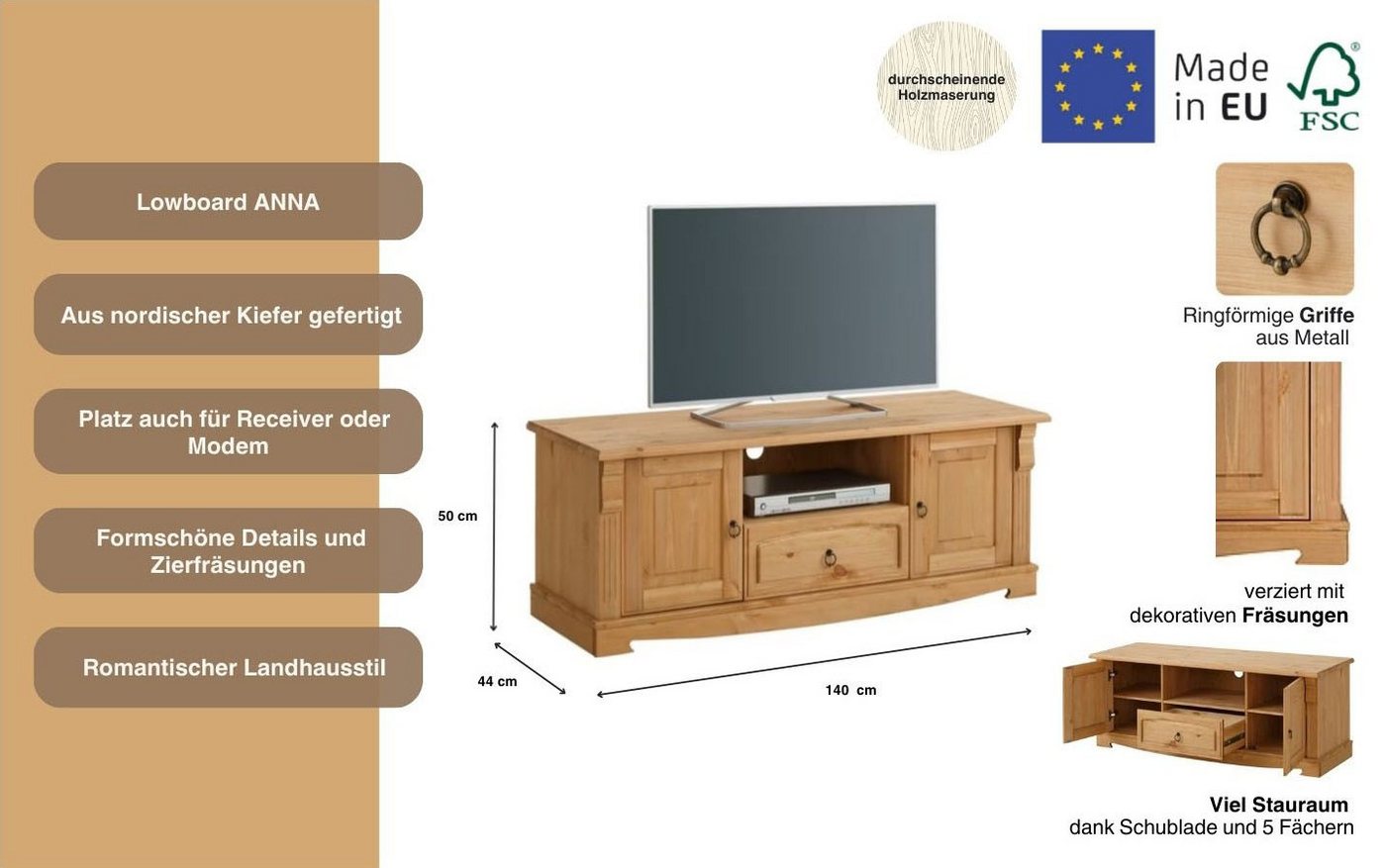 OTTO home Lowboard Anna, TV-Bank, TV-Schrank, im Landhaustil (Gesamtmaße (B/T/H): ca. 140/44/50 cm), TV-Board, Breite 140 cm, 2 Türen, 1 Schublade, Massivholz,  – Bild 3 von 5
