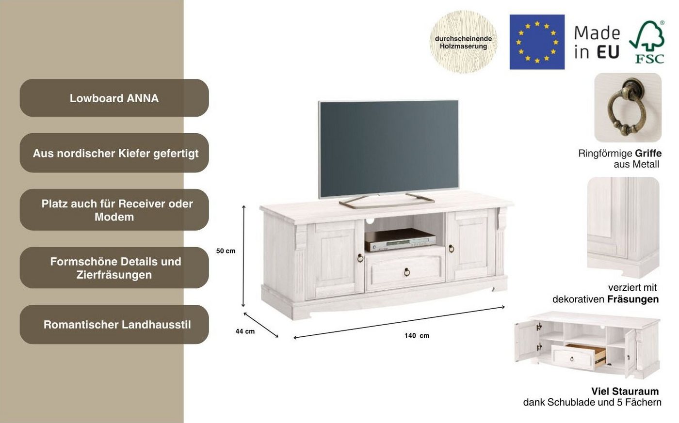 OTTO home Lowboard Anna, TV-Bank, TV-Schrank, im Landhaustil (Gesamtmaße (B/T/H): ca. 140/44/50 cm), TV-Board, Breite 140 cm, 2 Türen, 1 Schublade, Massivholz,  – Bild 3 von 5