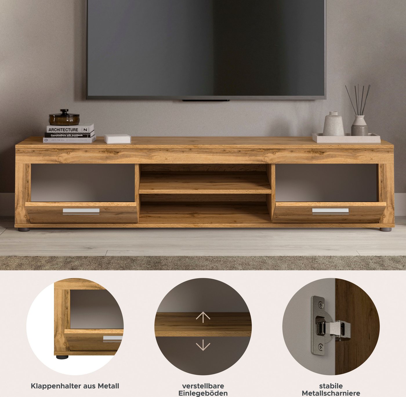 OTTO home Lowboard AOSTA, Breite 160 cm, 2 Klappen, 2 offene Fächer (in verschiedenen Farbausführungen, individuell kombinierbar), TV-Board, Mediaboard, TV-Möbe – Bild 4 von 5