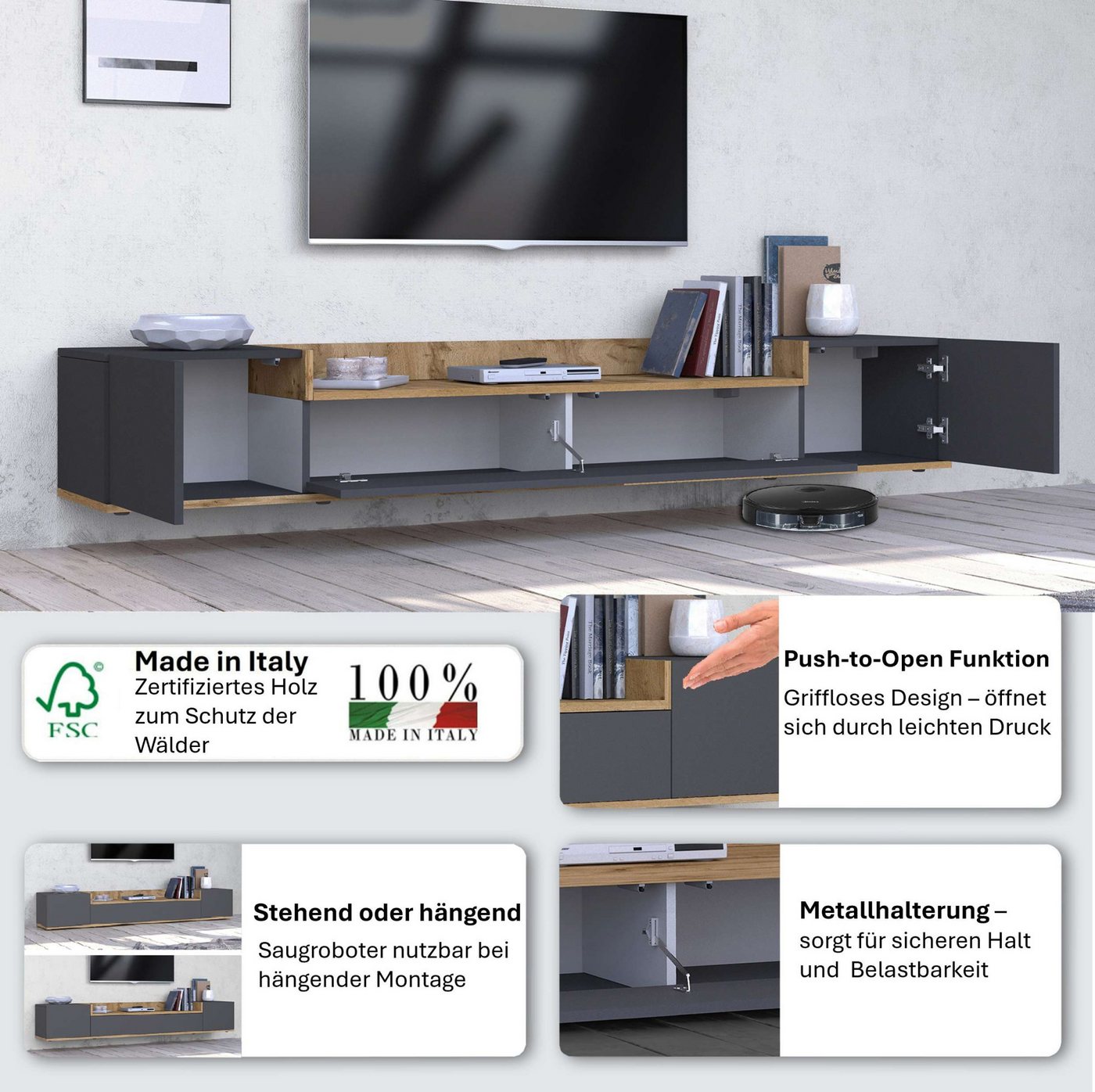OTTO home Lowboard BOLSENA,TV-Kommode, TV-Möbel,TV-Bank, 4 Fächer und offenes Ablagefach (1 St), stehend/hängend montierbar, Made in Italy, B/T/H: 200 × 35 × 31 – Bild 3 von 5