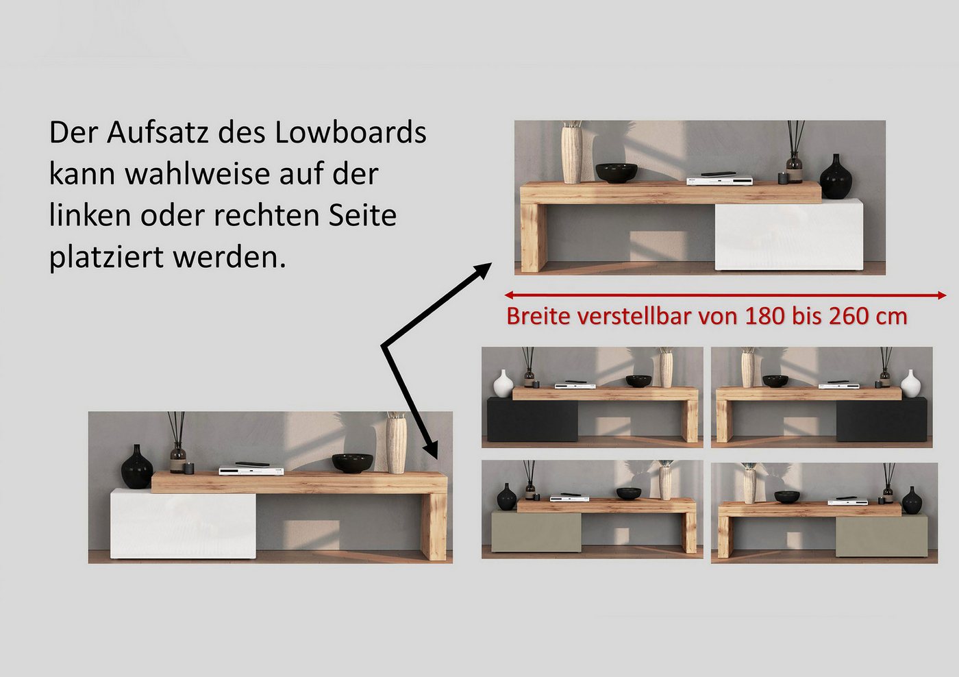 OTTO home Lowboard Lowboard Chronos TV-Board, TV-Schrank (Spar-Set, 1 St., Breite verstellbar von 180 bis 260 cm), Breite 220 cm TV-Board,Lowboard,1 Klappe und  – Bild 4 von 5