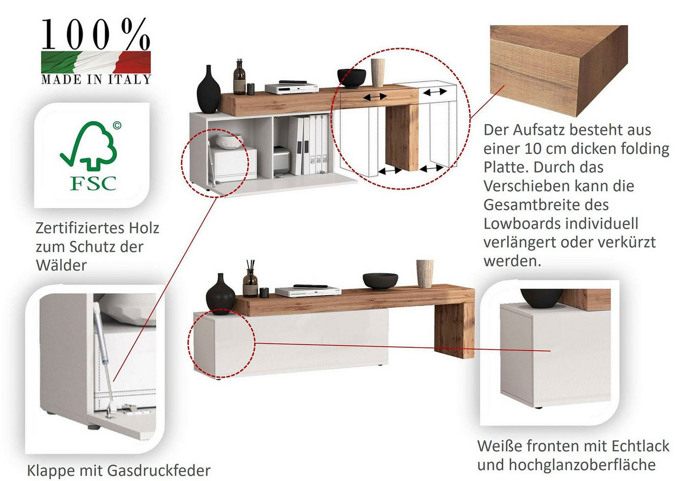 OTTO home Lowboard Lowboard Chronos TV-Board, TV-Schrank (Spar-Set, 1 St., Breite verstellbar von 180 bis 290 cm), Breite 240 cm TV-Board,Lowboard,1 Klappe und  – Bild 3 von 5