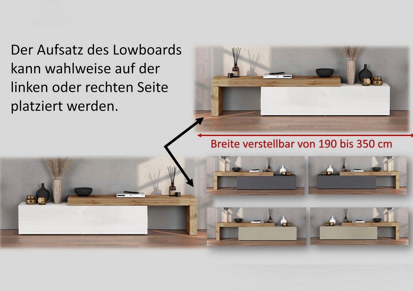 OTTO home Lowboard Lowboard Chronos TV-Board, TV-Schrank (Spar-Set, 1 St., Breite verstellbar von 190 bis 350 cm), Breite 270 cm TV-Board,Lowboard,1 Klappe und  – Bild 4 von 5