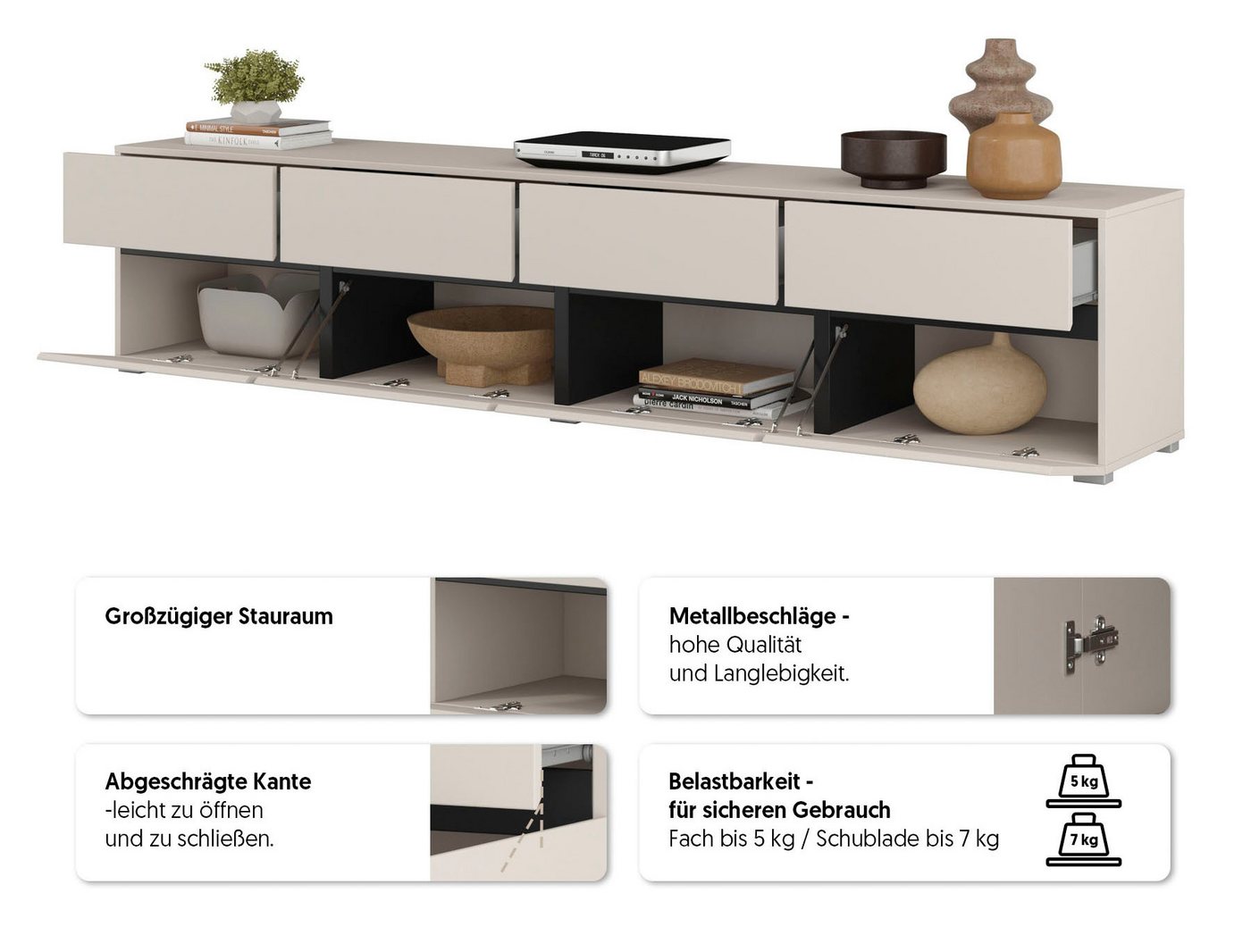 OTTO home Lowboard Cross,Breite 225 cm, moderne grifflose TV-Kommode, TV-Schrank mit viel Stauraum, TV-Board – Bild 3 von 5