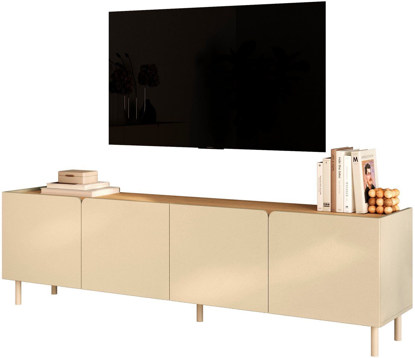 OTTO home Lowboard Dobbiaco, 202 cm breit, 4 Türen, Mediaboard, TV-Schrank, Innenliegendes Top, gerade Metallfüße, Tür mit Rundung – Bild 2 von 5