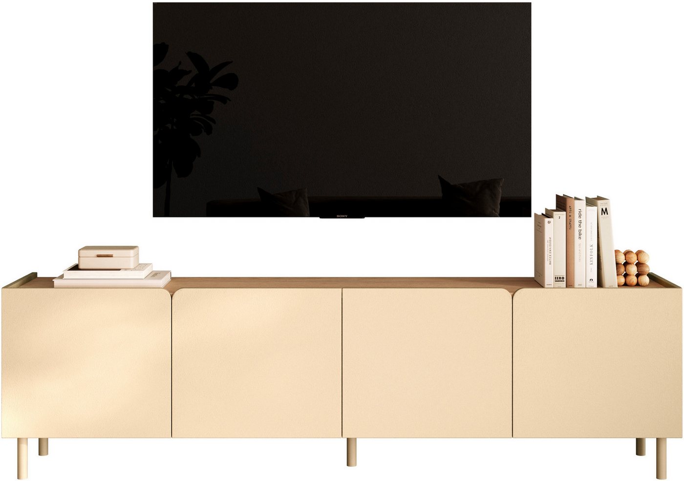 OTTO home Lowboard Dobbiaco, 202 cm breit, 4 Türen, Mediaboard, TV-Schrank, Innenliegendes Top, gerade Metallfüße, Tür mit Rundung – Bild 3 von 5