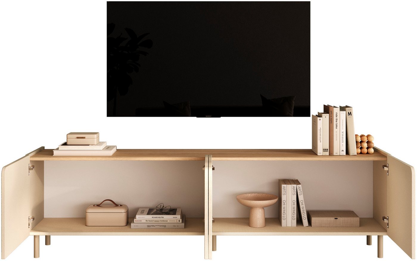 OTTO home Lowboard Dobbiaco, 202 cm breit, 4 Türen, Mediaboard, TV-Schrank, Innenliegendes Top, gerade Metallfüße, Tür mit Rundung – Bild 4 von 5