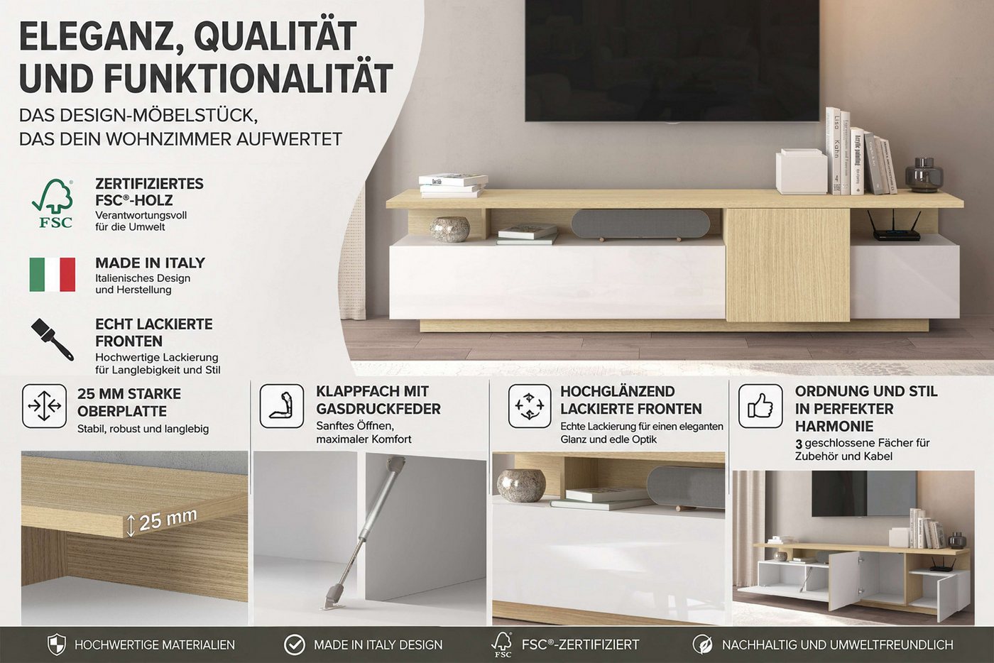 OTTO home Lowboard Lowboard ETHOS,Lowboard,TV-Kommode,TV-Möbel,TV-Bank (1 St), Mit zwei Drehtüren, einer Klapptür und zwei offenen Fächern,B.210 cm – Bild 3 von 5