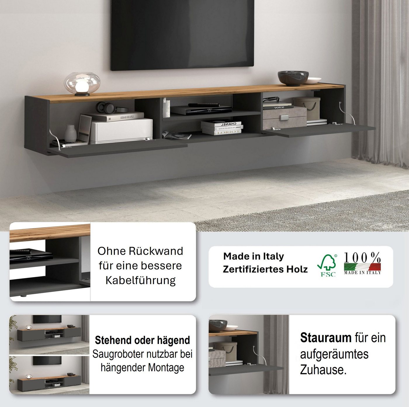 OTTO home Lowboard Garda,TV-Kommode,TV-Möbel,TV-Bank, stehend und hängend, stehend und hängend mit 2 Klappen, 1 Einlegeboden, Breite 210 cm – Bild 3 von 5