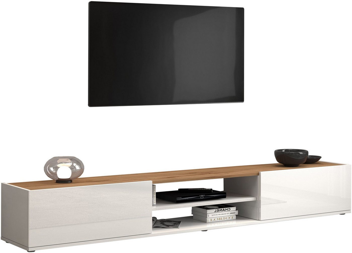 OTTO home Lowboard Garda,TV-Kommode,TV-Möbel,TV-Bank, stehend und hängend, Hochglanzlackierte Fronten, Korpus matt, 2 Klappen, Breite 210 cm – Bild 2 von 5