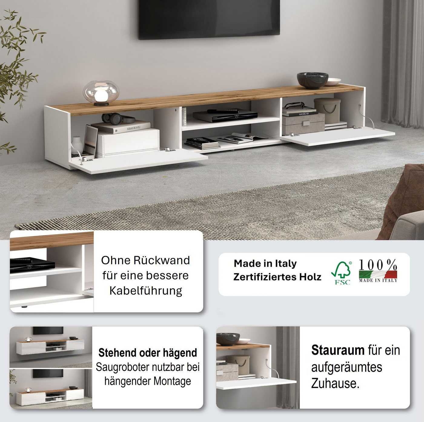 OTTO home Lowboard Garda,TV-Kommode,TV-Möbel,TV-Bank, stehend und hängend, Hochglanzlackierte Fronten, Korpus matt, 2 Klappen, Breite 210 cm – Bild 3 von 5