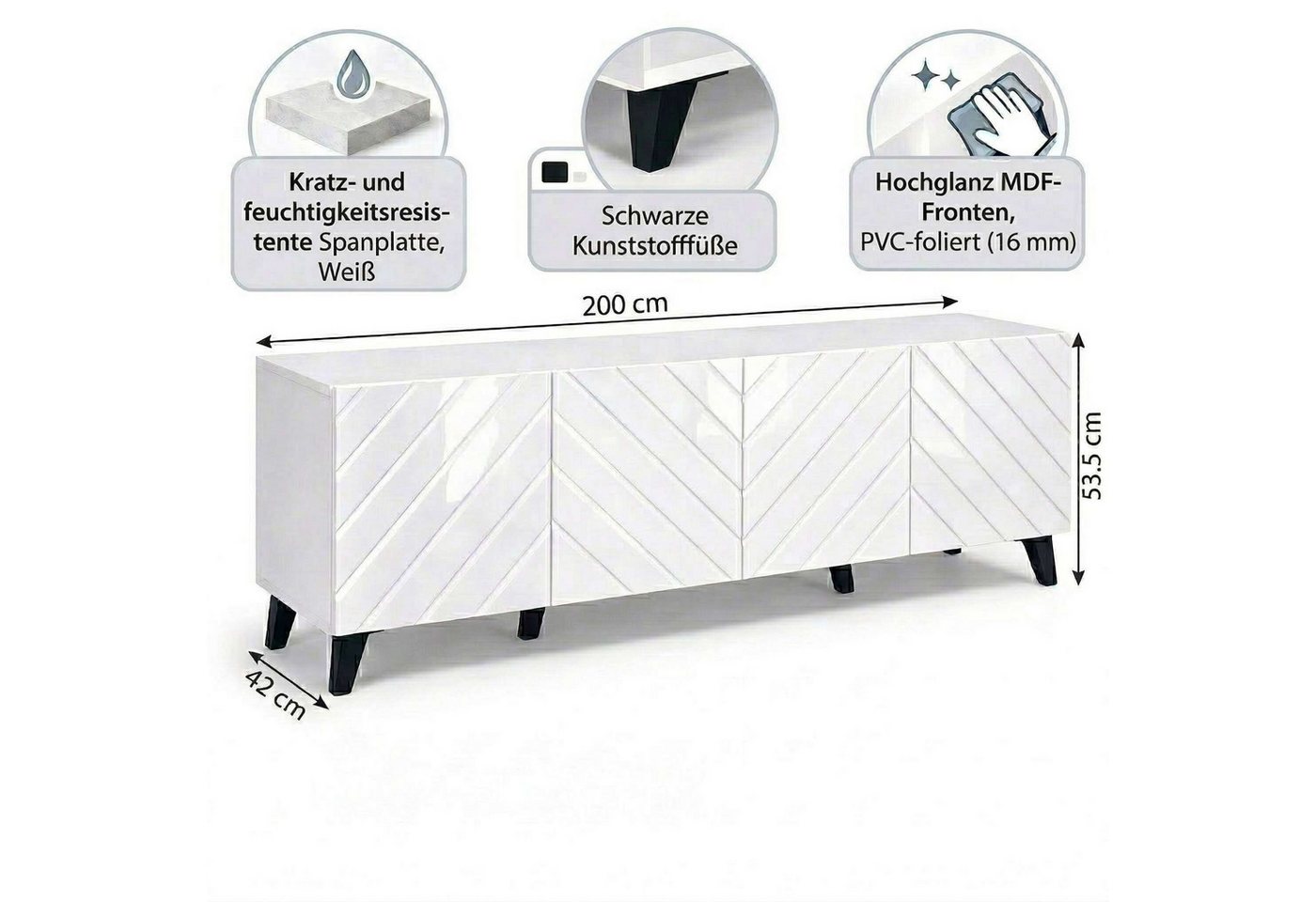 OTTO home Lowboard HOLLY 2.0, TV-Board, TV-Kommode, TV-Schrank, TV-Unterschrank, TV-Möbel, Modernes lackiertes Hochglanz TV-Board, grifflos, Breite 200 cm – Bild 3 von 5
