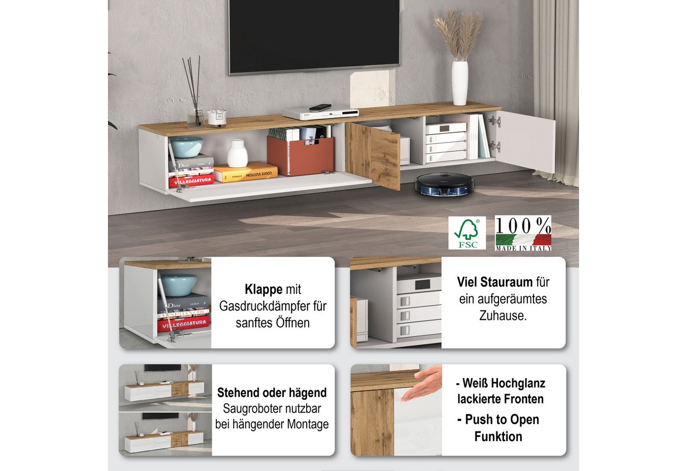OTTO home Lowboard ISEO, TV-Kommode,TV-Möbel,TV-Bank, 3 Fächer, Breite 200 cm (1 St), stehend/hängend, 1 Klappe, 2 Türen Hochglanz lackiert, Made in Italy – Bild 3 von 5