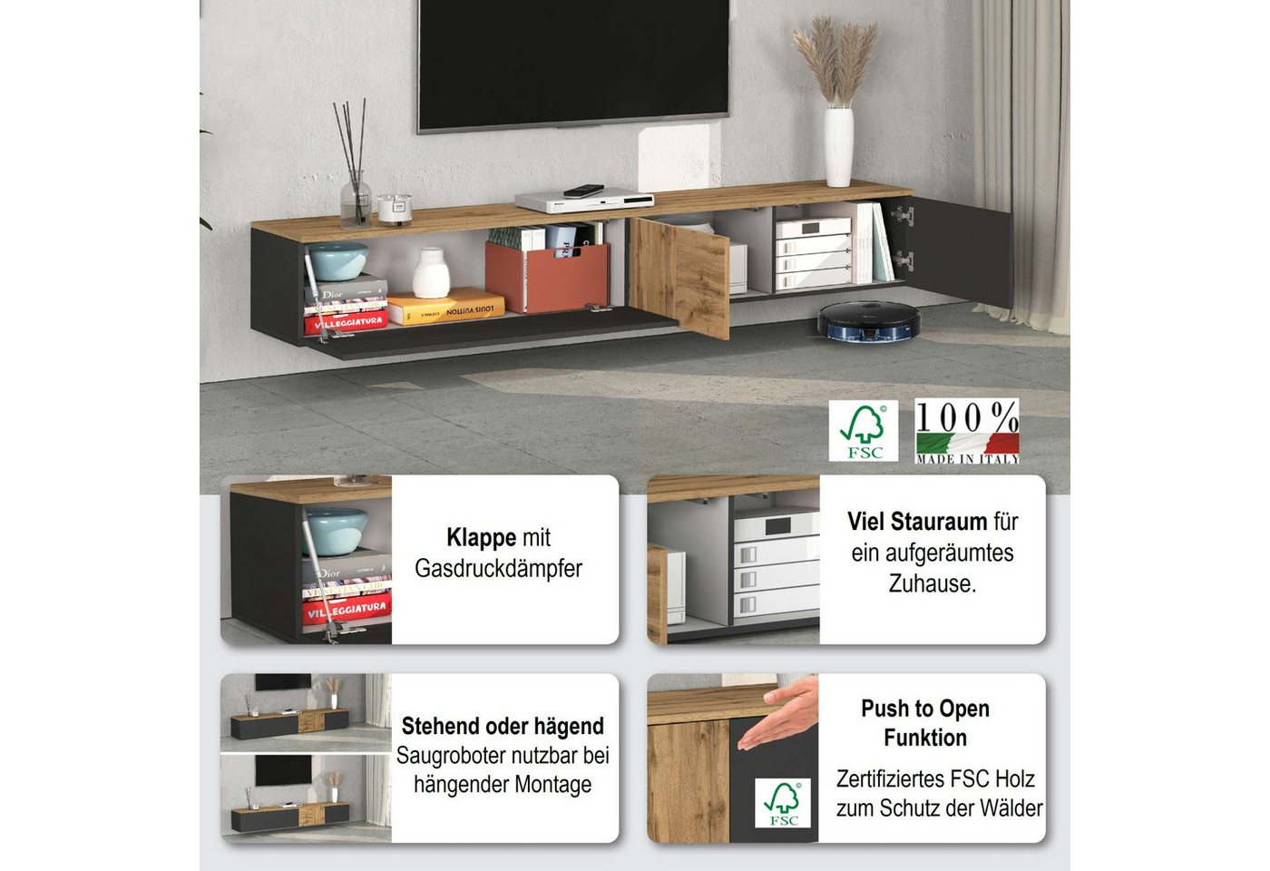 OTTO home Lowboard ISEO, TV-Kommode,TV-Möbel,TV-Bank, 3 Fächer, Breite 200 cm (1 St), stehend/hängend, 1 Klappe, 2 Türen, 3 Fächer, Breite 200 cm – Bild 3 von 5