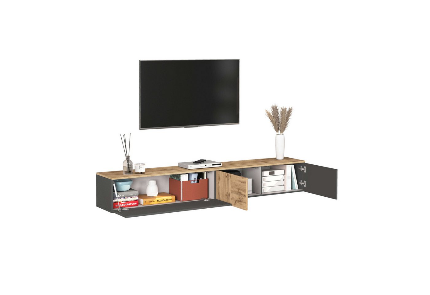 OTTO home Lowboard ISEO, TV-Kommode,TV-Möbel,TV-Bank, 3 Fächer, Breite 200 cm (1 St), stehend/hängend, 1 Klappe, 2 Türen, 3 Fächer, Breite 200 cm – Bild 4 von 5