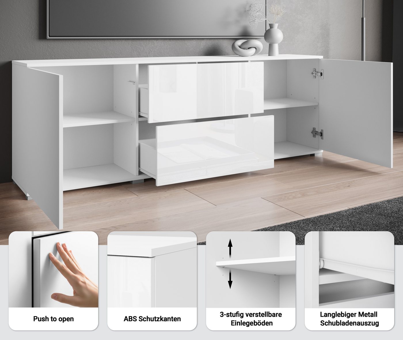 OTTO home Lowboard Kenia (1 St), 2 Türen, 2 Schubladen, Breite 180 cm, höhenverstellbare Einlegeböden – Bild 3 von 5