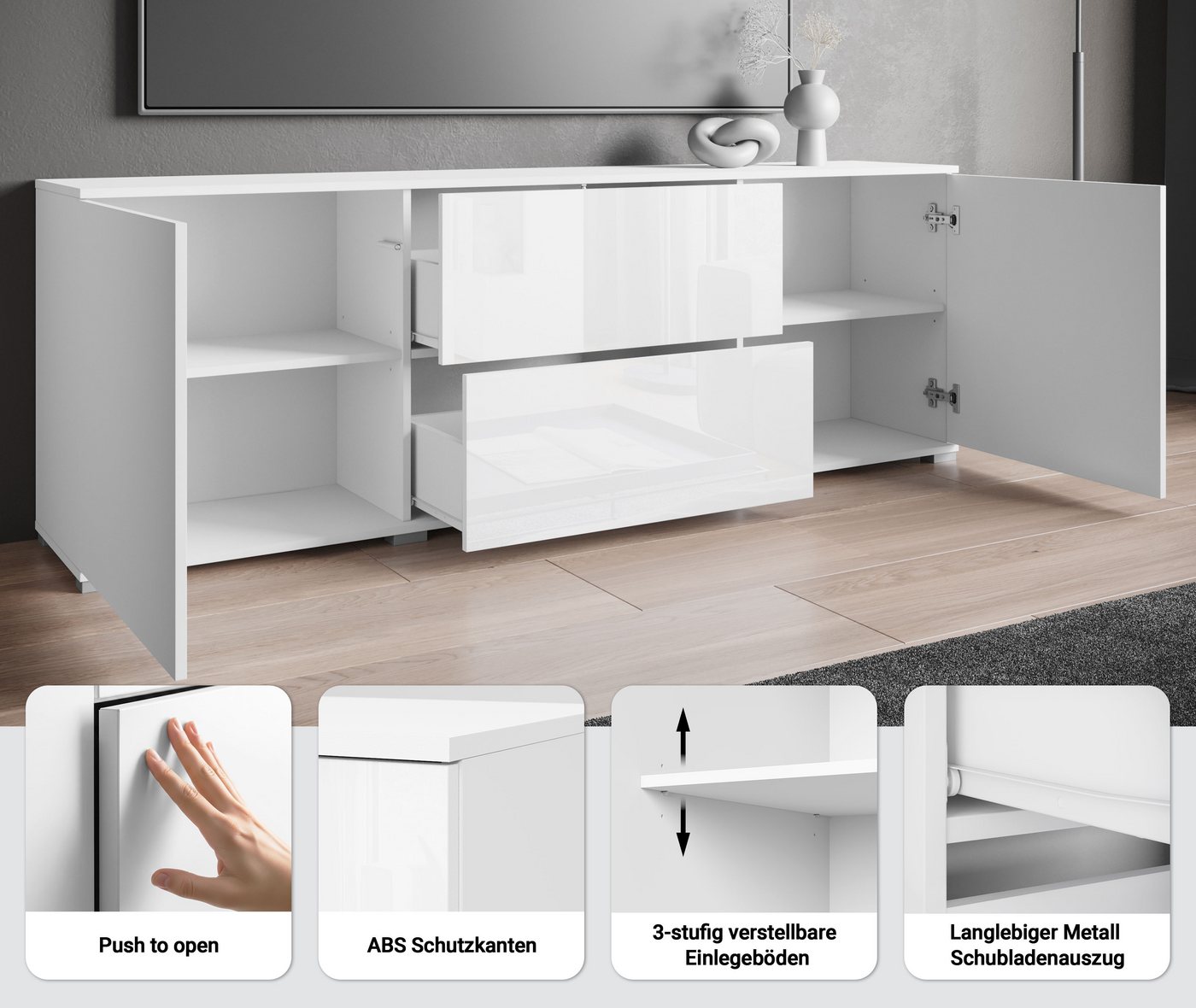 OTTO home Lowboard Kenia (1 St), 2 Türen, 2 Schubladen, Breite 180 cm, höhenverstellbare Einlegeböden – Bild 3 von 5