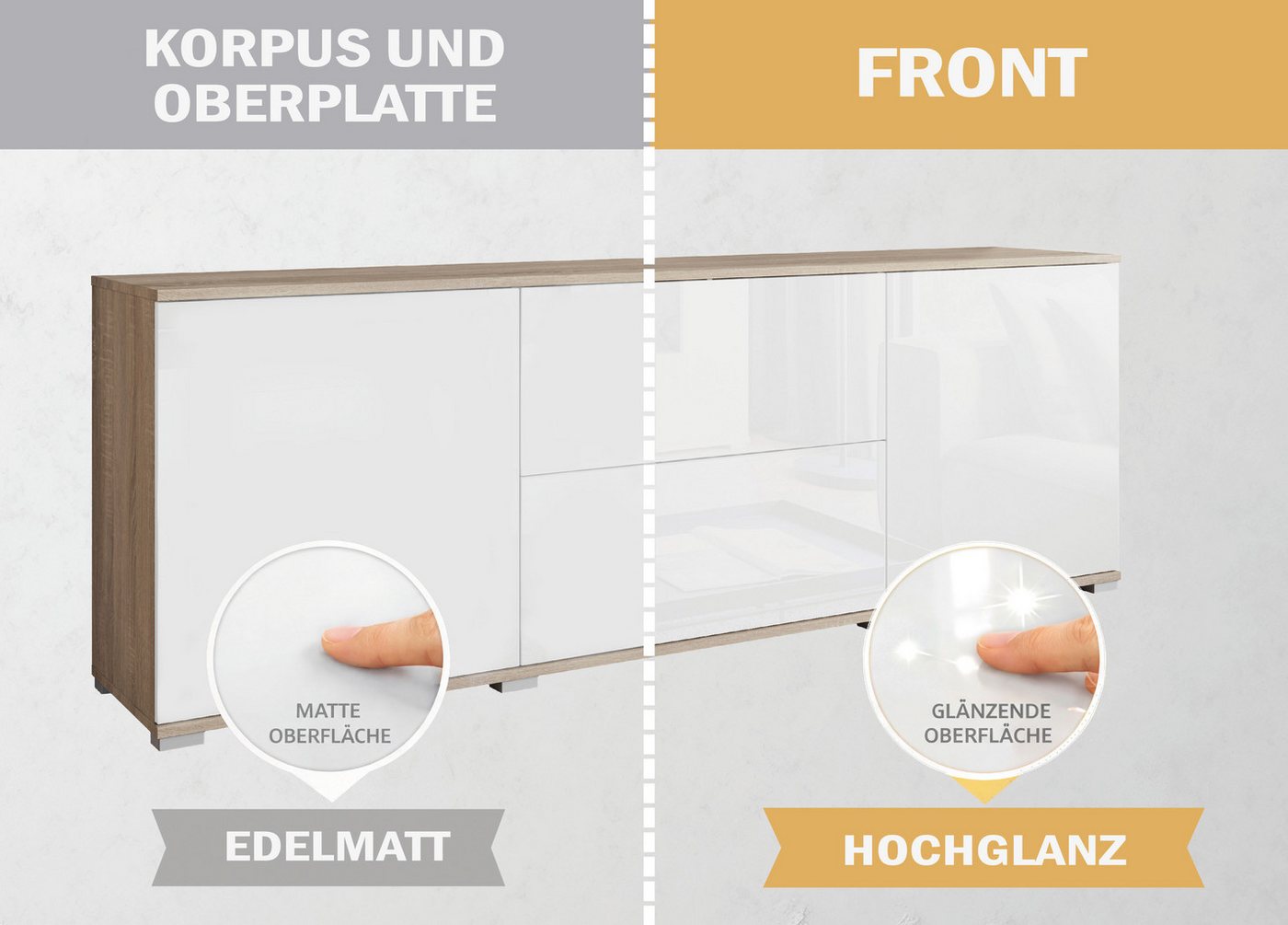 OTTO home Lowboard Kenia (1 St), 2 Türen, 2 Schubladen, Breite 180 cm, höhenverstellbare Einlegeböden – Bild 4 von 5