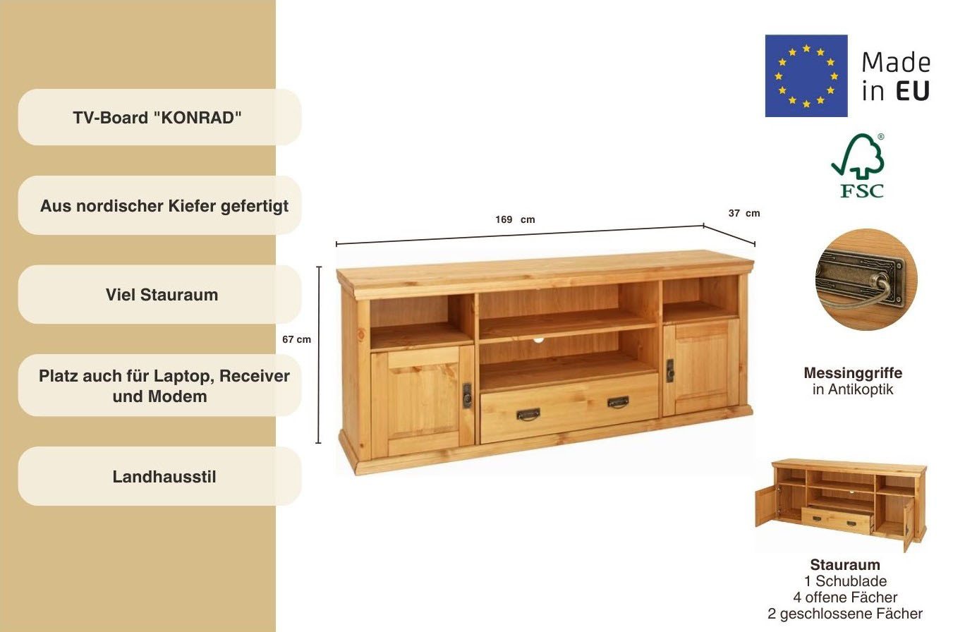 OTTO home Lowboard Konrad TV-Board, TV-Kommode, Breite 169 cm, Höhe 67 cm, Metallgriffe, Kabeldurchführung – Bild 3 von 5