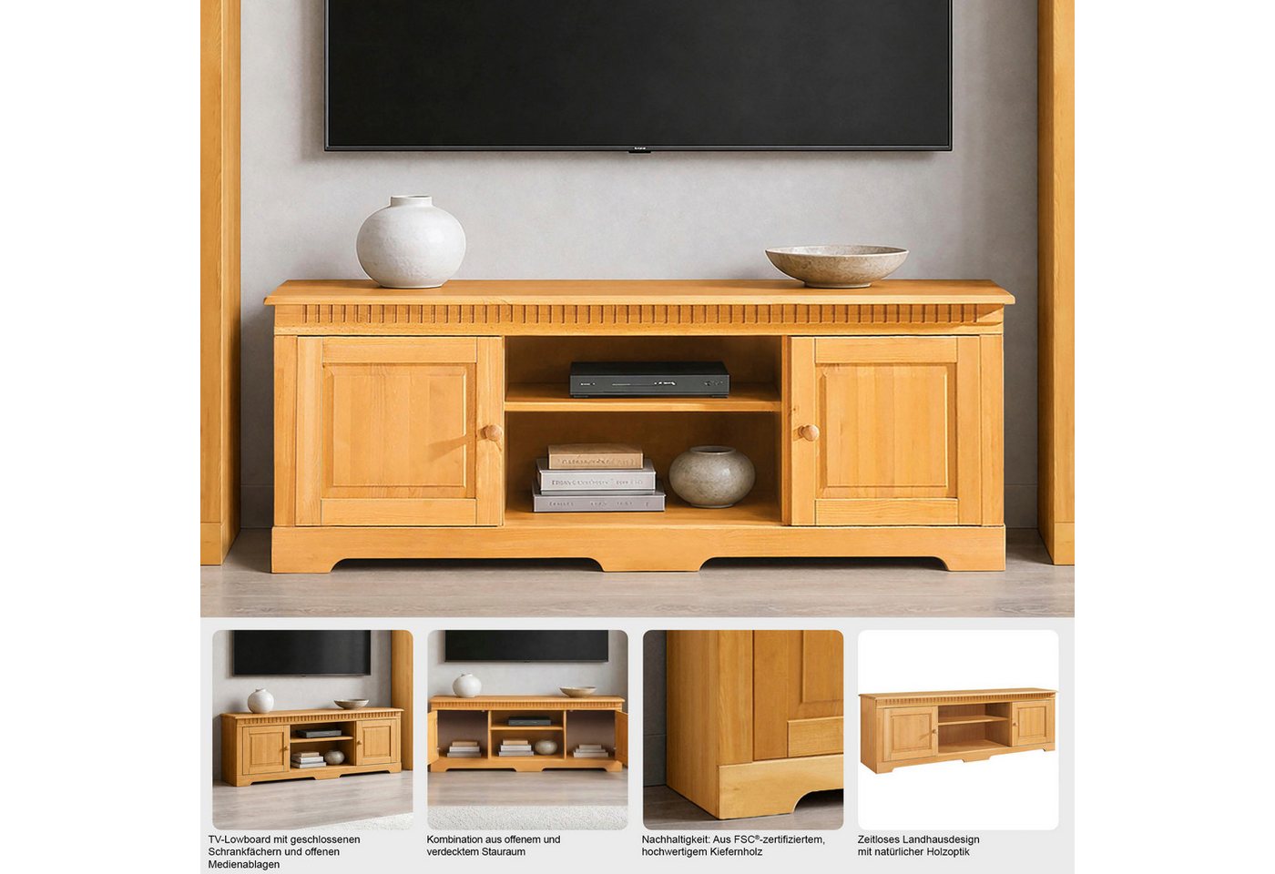 OTTO home Lowboard Lisa, Kommode aus schönem massivem Kiefernholz, Breite 175 cm – Bild 3 von 5