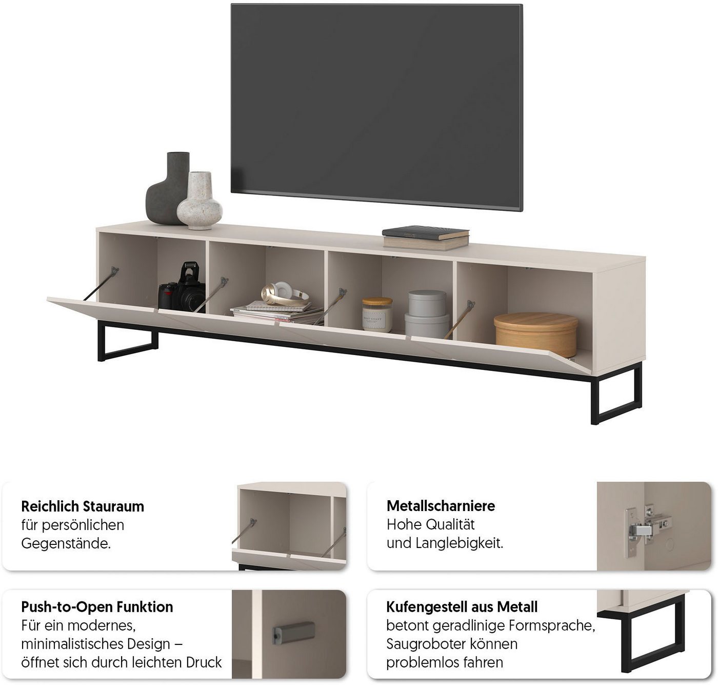 OTTO home Lowboard Loft, Breite 208,5 cm, TV-Board mit 4 Klappen, Metallkufen, TV-Kommode mit viel Stauraum, push-to-open-Funktion – Bild 4 von 5