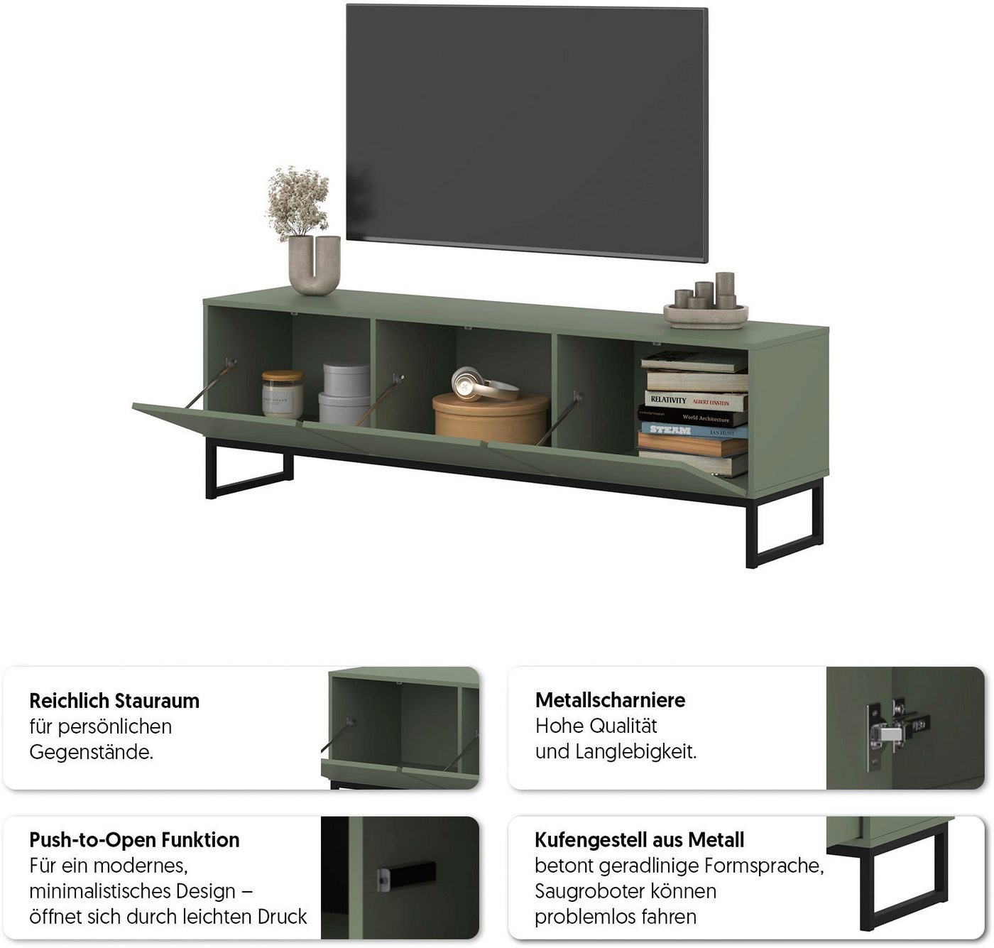 OTTO home Lowboard Loft, Breite 157 cm, TV-Board 3 Klappen, Metallkufen, TV-Kommode mit viel Stauraum, push-to-open-Funktion – Bild 4 von 5