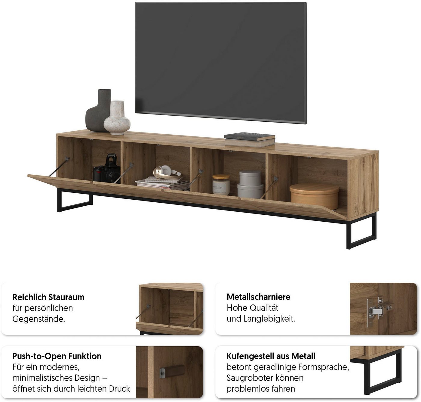 OTTO home Lowboard Loft, Breite 208,5 cm, TV-Board mit 4 Klappen, Metallkufen, TV-Kommode mit viel Stauraum, push-to-open-Funktion – Bild 4 von 5