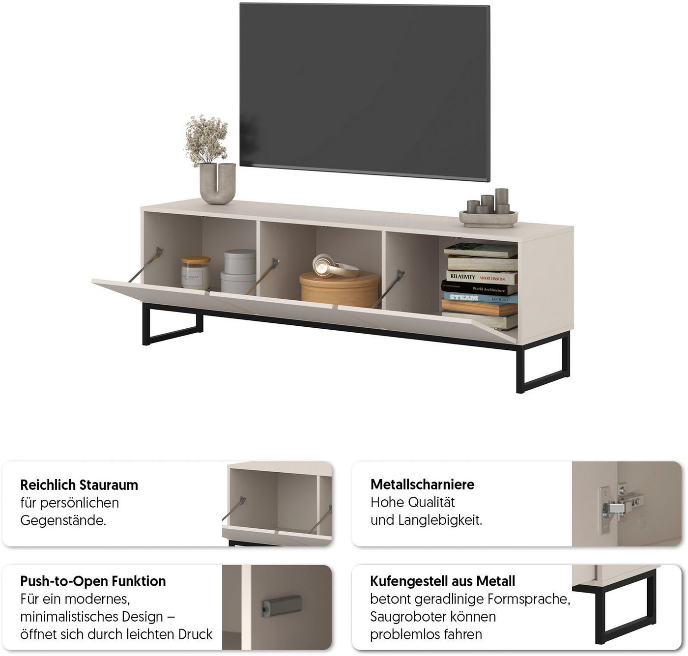 OTTO home Lowboard Loft, Breite 157 cm, TV-Board 3 Klappen, Metallkufen, TV-Kommode mit viel Stauraum, push-to-open-Funktion – Bild 4 von 5