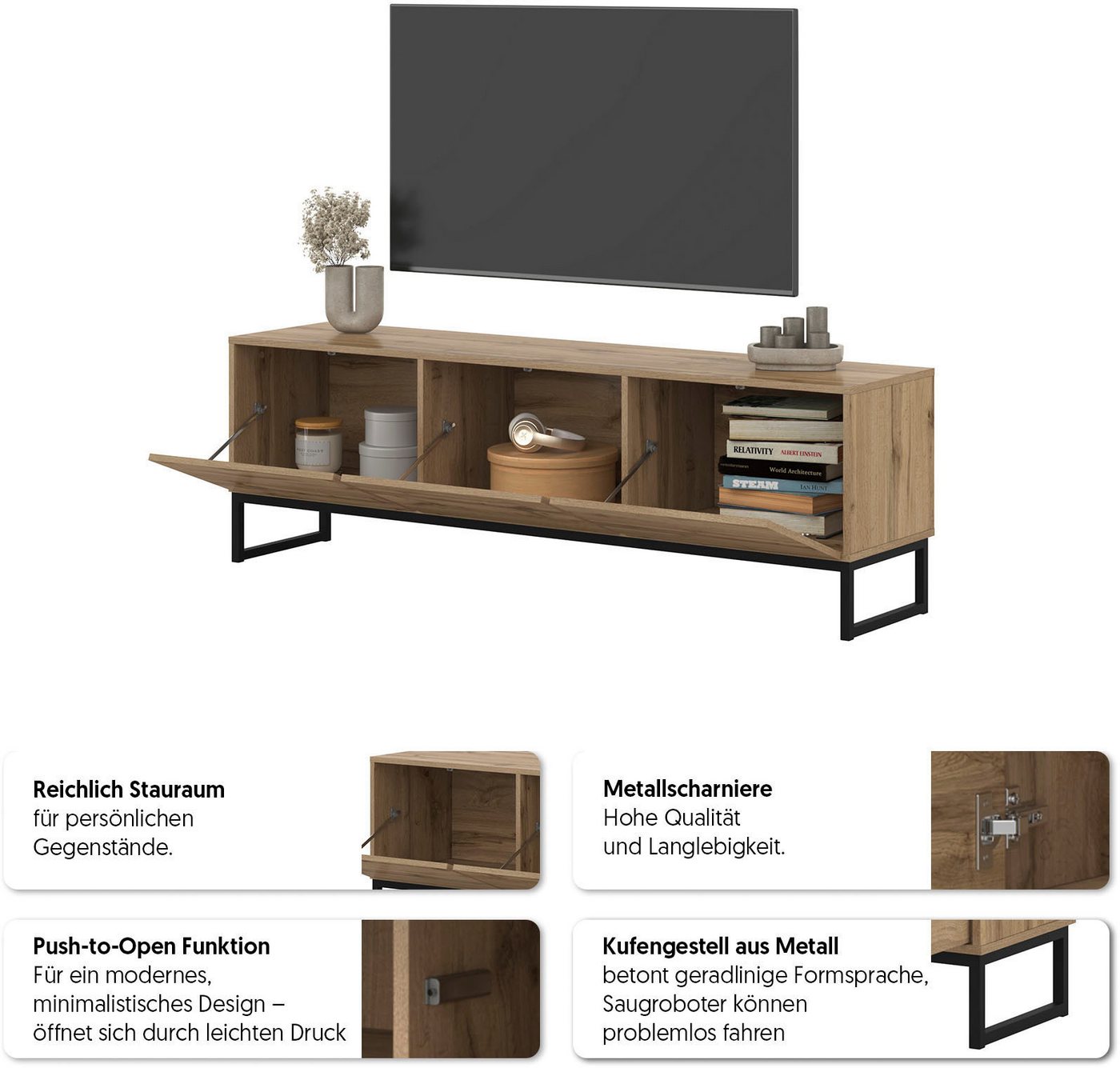 OTTO home Lowboard Loft, Breite 157 cm, TV-Board 3 Klappen, Metallkufen, TV-Kommode mit viel Stauraum, push-to-open-Funktion – Bild 4 von 5