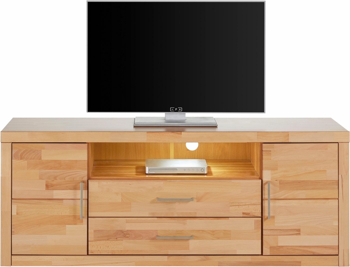 OTTO home Lowboard Logo,160cm breit,42 cm tief, Fronten Massivholz, Kabeldurchführung, Korpus Holzwerkstoff,62 cm hoch, 5 Fächer, Metallgriffe – Bild 2 von 5
