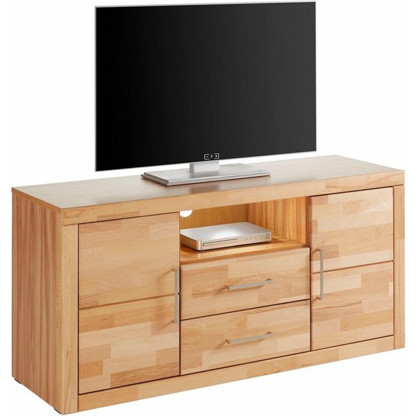 OTTO home Lowboard Logo,130cm breit, Fronten Massivholz,5 Fächer, Holz massiv, Holzwerkstoff, Metall Griffe,2 Türen,2 Schubladen