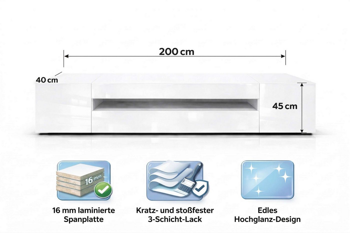 OTTO home Lowboard LORENZO 2, TV-Board, TV-Kommode, TV-Schrank, TV-Unterschrank, TV-Möbel, Modernes lackiertes Hochglanz TV-Board, grifflos, Breite 200 cm – Bild 3 von 5