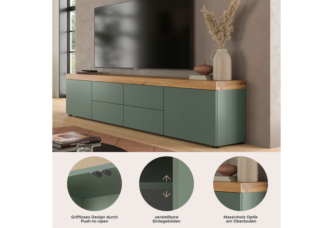 OTTO home Lowboard MAMBO, TOPSELLER!, Breite 200 cm, 2 Türen, 4 Schubkästen, 4 Fächer (1 St., 2-farbige Ausführung, in verschiedenen modernen Trendfarben erhält – Bild 3 von 5